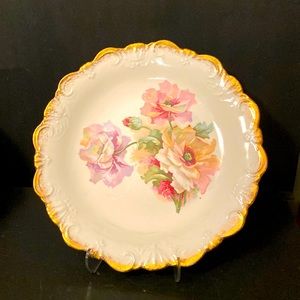 Antique Dresden China Three Roses 10.25" Dinner Plate Gold Trim Germany